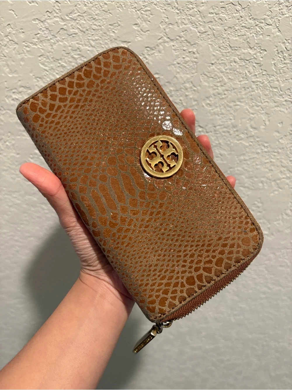 Tory Burch Cognac Embossed Zip-Around Wallet with Gold Logo